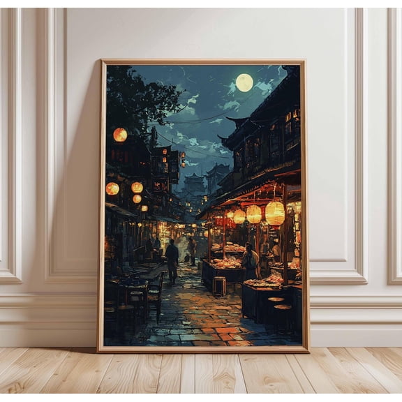 Moonlit Chinese Market Lantern Street Traditional Urban Night Decor Unframed Paper Print