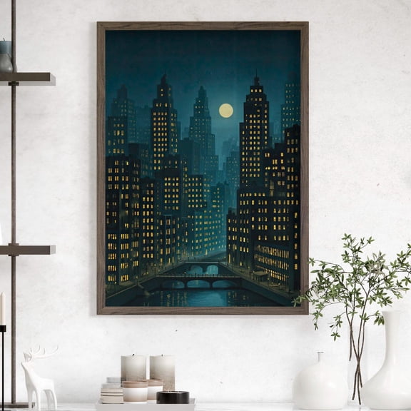 Moonlit Cityscape Gothic Wall Art, Dark Academia Night Decor, Unframed Paper Print Size 8x12
