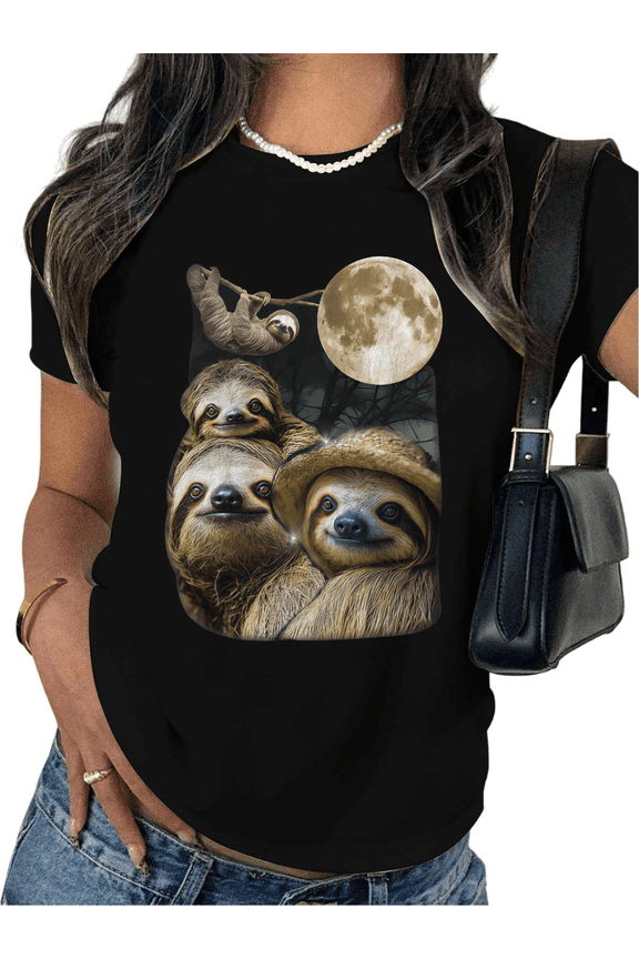 Moonlit Cute Sloth Group Black S-5XL Women's Cotton Print Tshirt Graphic Tees Shirts Nature Casual Daily Wear Tops