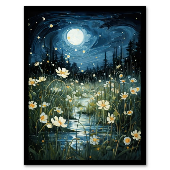 Moonlit Dancing Fireflies By Buttercup Brook Artwork Full Moon Night Moonlight Art Print Framed Poster Wall Decor 12x16 inch
