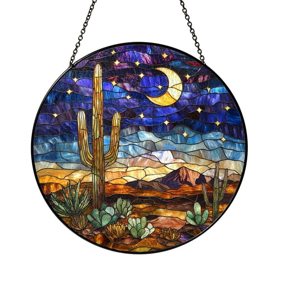 Moonlit Desert Cactus Scene Stained Glass Style Window Hanging Suncatcher, Mystical Night Landscape Decor Gift