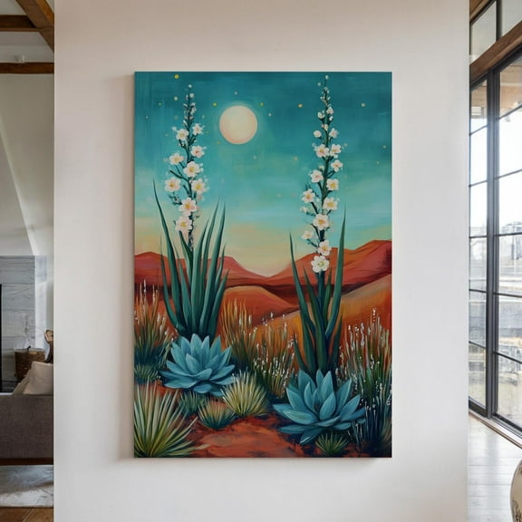 Moonlit Desert Landscape With Blooming Yucca And Agave, Vibrant Nighttime Painting For Southwestern Wall Art Decor Print Wall Art, Modern Wall Decor, 12x18 UNFRAMED