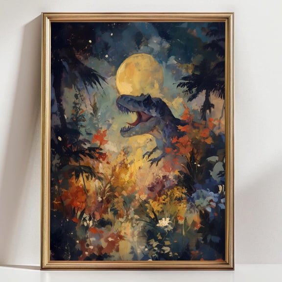 Moonlit Dinosaur Wall Art Print Prehistoric T Rex Jungle Fantasy Dinosaur Home Decor