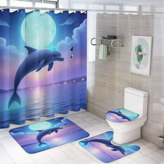 Moonlit Dolphin Leap Shower Curtain Bathroom Sets Toilet Lid Rug, Bath Mat And Contour Mat, Shower Curtain 4Pcs