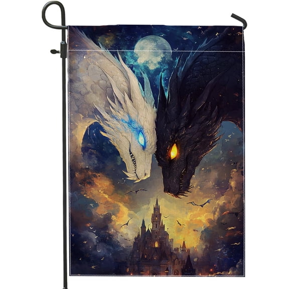 Moonlit Dragons Garden Flag Double Sided Polyester Fantasy Castle Yard Flag 12 x 18 Inch Outdoor Lawn Holiday Party Decoration
