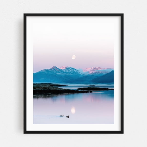 Moonlit Ducks under the Mountains in Iceland - Iceland Photography Landscape Mountain Moon Scenic Pastel Nature Water Black Framed Wall Art Print 11 x 14 inches