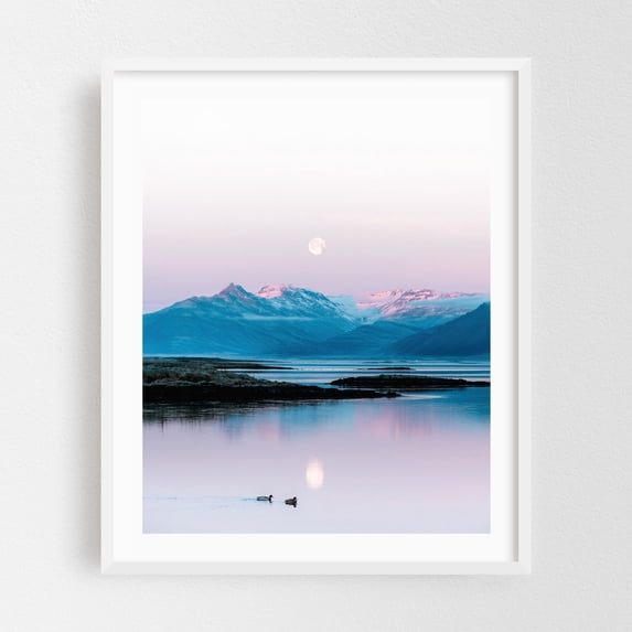 Moonlit Ducks under the Mountains in Iceland - Iceland Photography Landscape Mountain Moon Scenic Pastel Nature Water White Framed Wall Art Print 11 x 14 inches