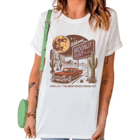 Moonlit Dust Motel Vintage Desert Car Cactus Print Tshirt Graphic Tees Shirts Retro Southwest Road Trip Gift White Tops S-5XL