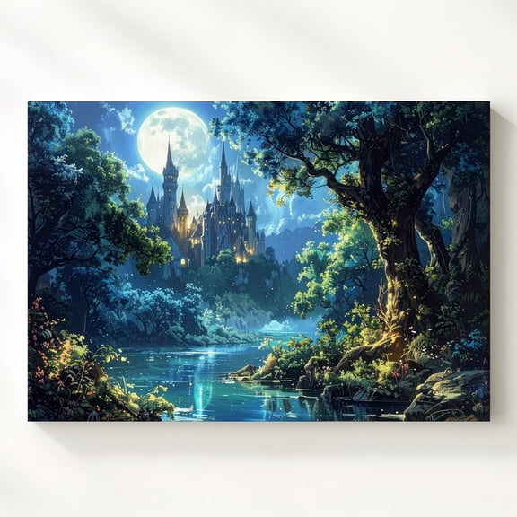 Moonlit Enchanted Forest Canvasfairytale Castle Fantasy Wall Art, Living Room And Gallery Wall Decor