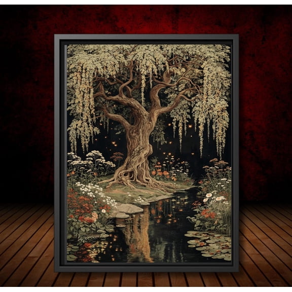 Moonlit Enchanted Forest Poster Dark Academia Willow Tree Art Mystical Trees By Moonlit Pond, Woods At Night Nursery Room Decor, Unframed Poster Size 12x18