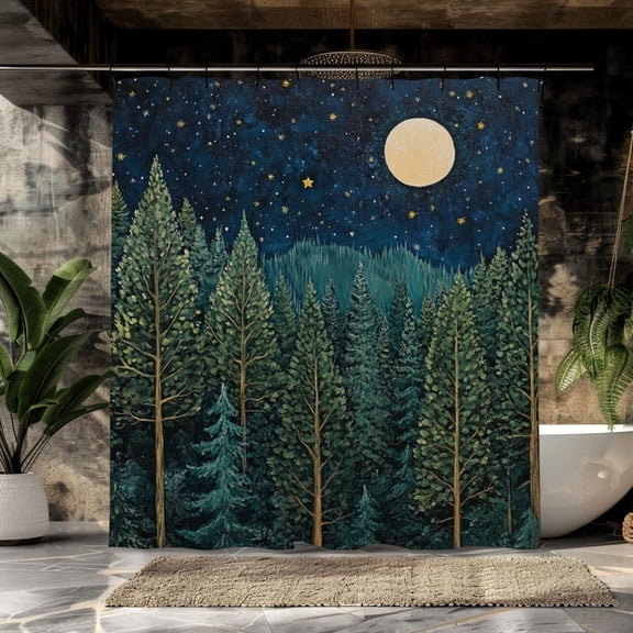 Moonlit Evergreen Forest Shower Curtain, Earthy Bathroom Decor, Serene Woodland Scene Home Decor, Bathroom Accent Autumn