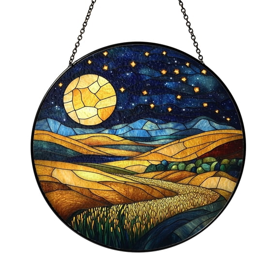 Moonlit Field Stained Glass Style Suncatcher Window Hanging, Celestial Decorative Glass Art Panel with Starry Sky and Wheat Field, Round Sun Catcher Window Ornament Gift Idea for Dreamers