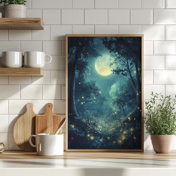 Moonlit Firefly Forest Dark Blue Wall Art, Whimsical Cottagecore Decor, Unframed Paper Print Size 8x12