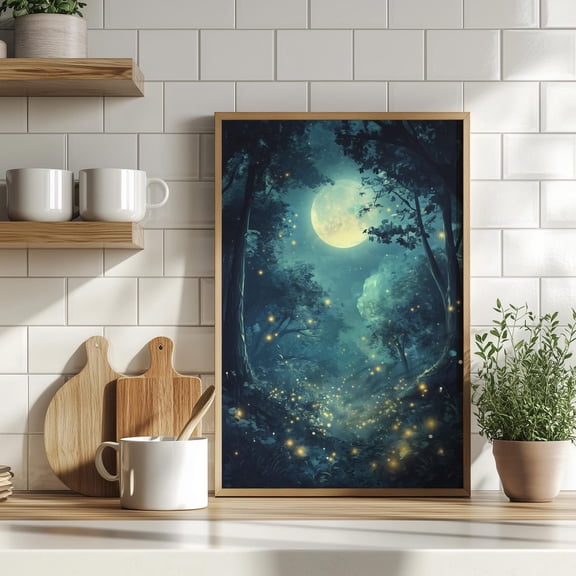 Moonlit Firefly Forest Wall Art Print, Dark Blue Cottagecore Fantasy Decor