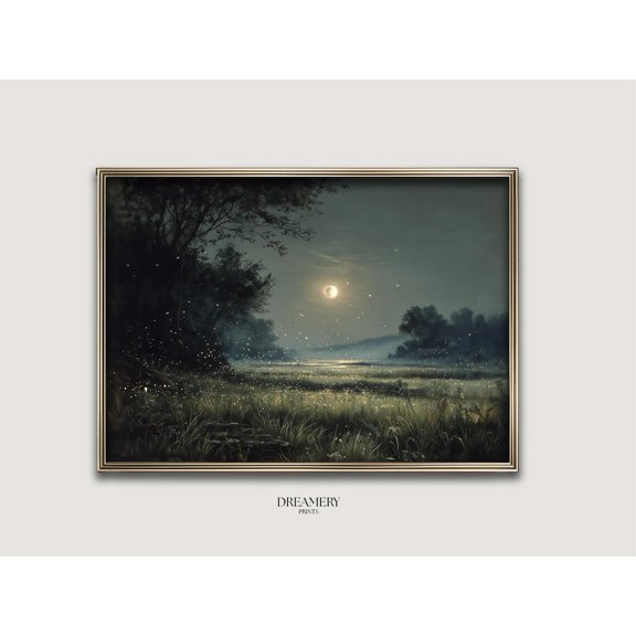 Moonlit Firefly Meadow Wall Art Print