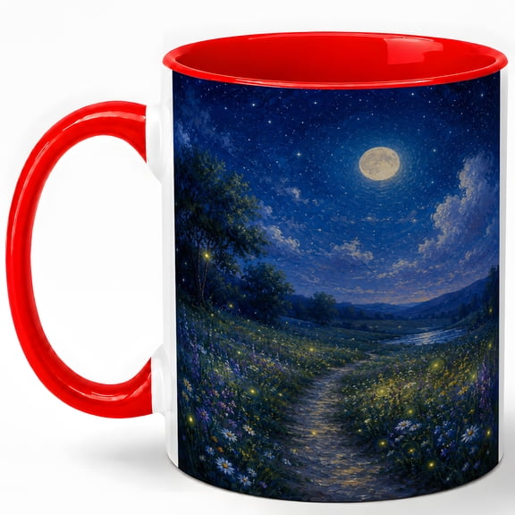 Moonlit Firefly Path 11oz Ceramic Mug, Starry Meadow Coffee Cup