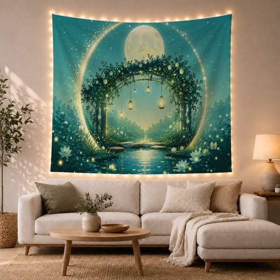 Moonlit Floral Arch with Hanging Lanterns and Glowing Teal Pond, Dreamy Fantasy for Garden Lovers, Mystical Wall Art, Housewarming Gift, Tapestry Wall Hanging for Bedroom and Living Room