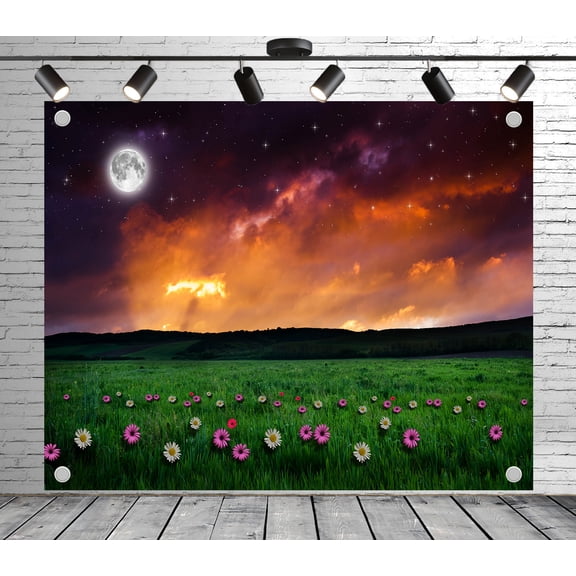 Moonlit Floral Field Photo Backdrop | Polyester Fabric Banner Decorative Curtains for Theme Party Wedding Birthday Outdoor Event Studio Props
