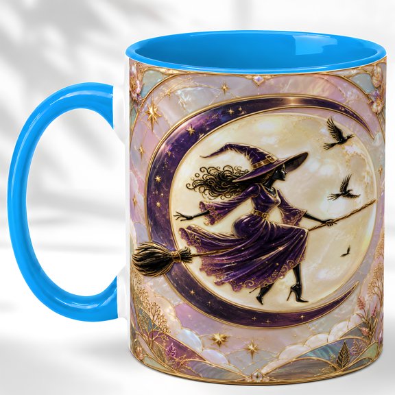Moonlit Flying Witch Coffee Mug, Celestial Fantasy Mug, Ceramic 11 oz