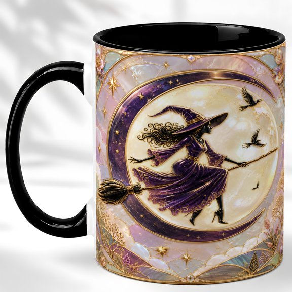 Moonlit Flying Witch Coffee Mug, Celestial Fantasy Mug, Ceramic 11 oz