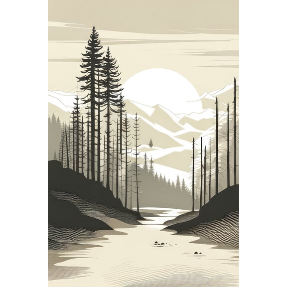 Moonlit Forest Along The River Illustration - 12" x 18" Art Print Wall Decor