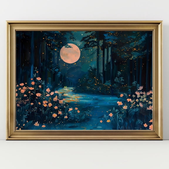 Moonlit Forest Art Enchanted Night Landscape Fireflies Flowers Whimsical Nature Decor, UNFRAMED Size 16x16