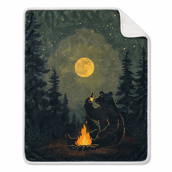Moonlit Forest Bear Sherpa Blanket, Soft Polyester Fleece Throw