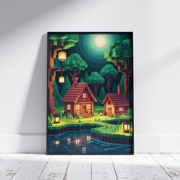 Moonlit Forest Cabin Pixel Poster Print 8x12 UNFRAMED