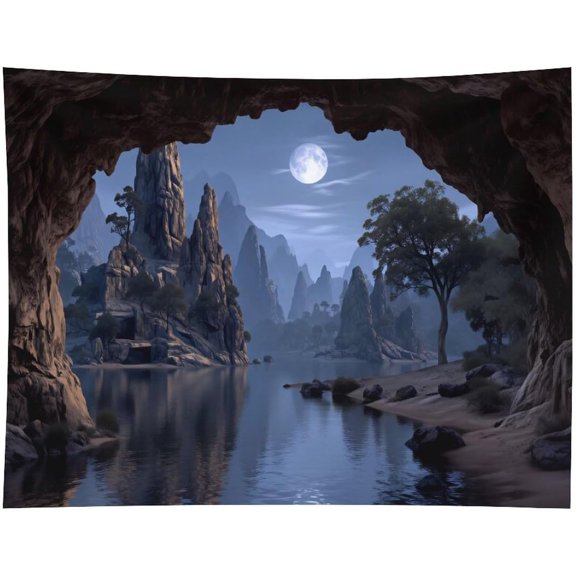 Moonlit Forest Cave Landscape Tapestry Wall Hanging Large Wall Art Decor Flag Backdrop for Bedroom Living Room Dorm Classroom Party 30"x40"
