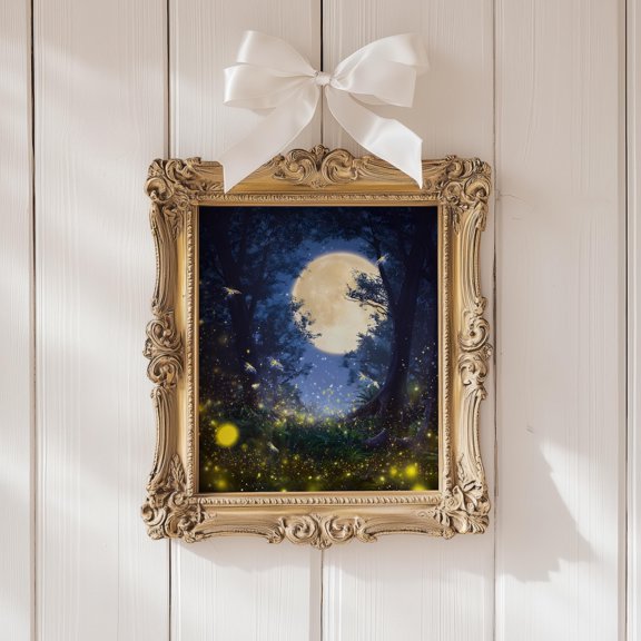Moonlit Forest Fireflies Wall Art Print