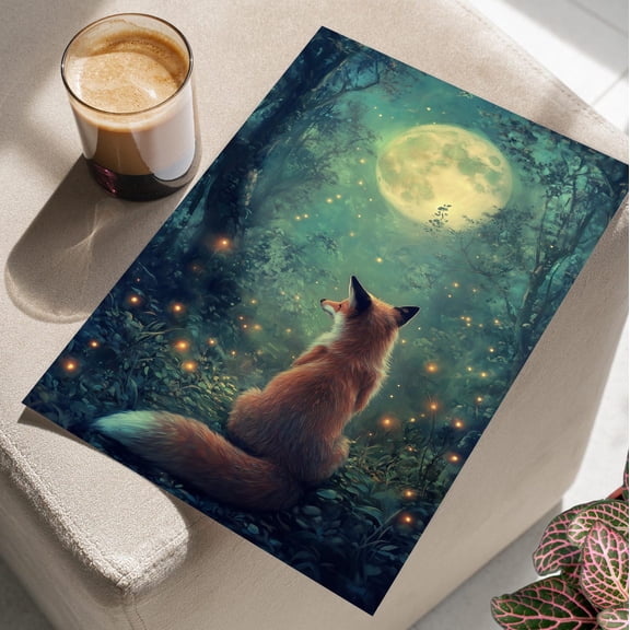 Moonlit Forest Fox Wall Art, Mystical Cottagecore Decor, Unframed Canvas Size 24x36