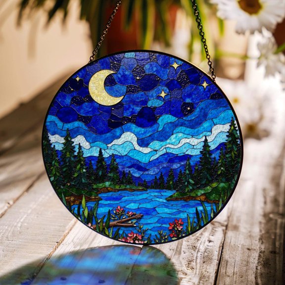Moonlit Forest Lake Night Scene Glass Suncatcher, Window Hanging, 6.3 in