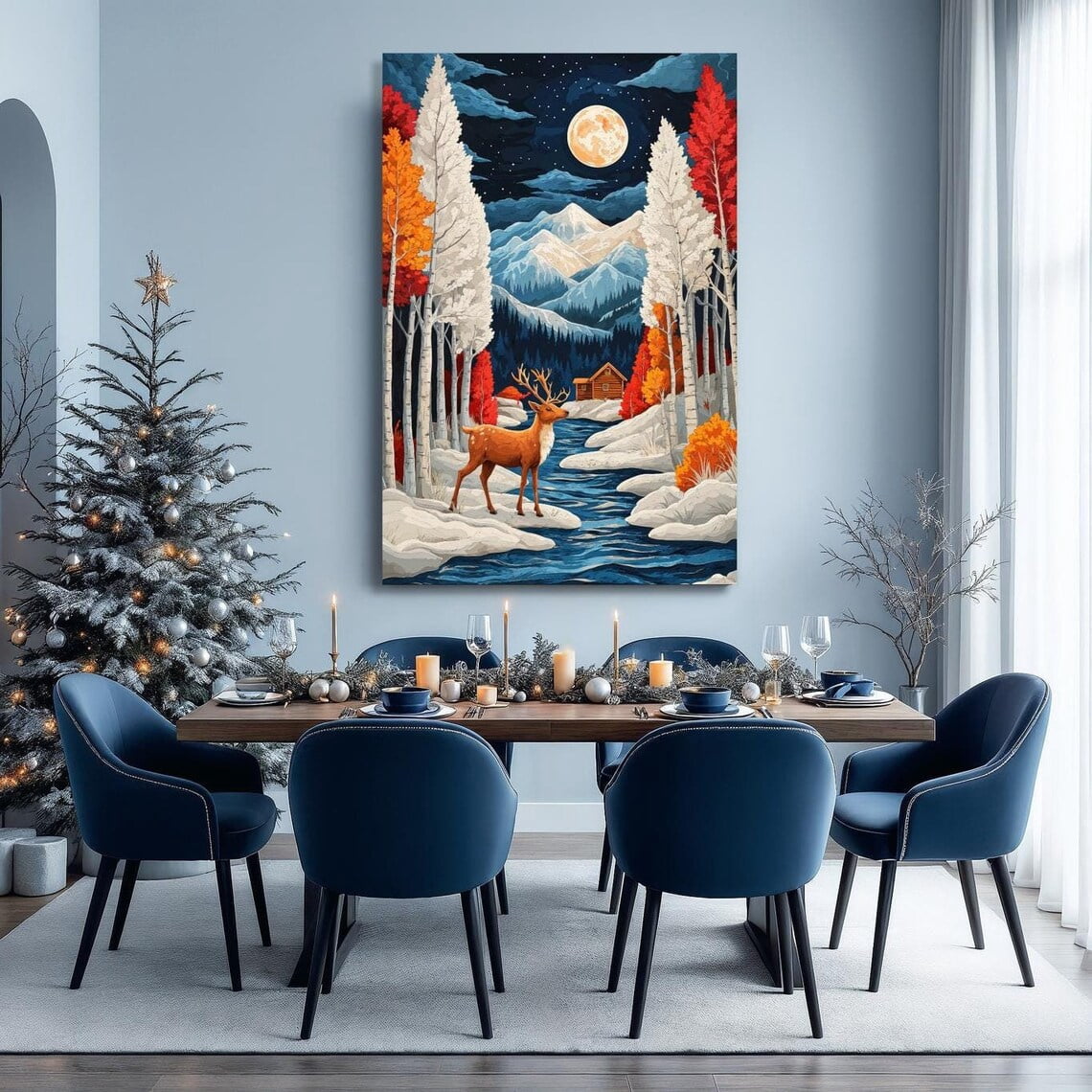 Moonlit Forest Landscape Wall Art Deer By Mountain Stream Poster Rustic ...