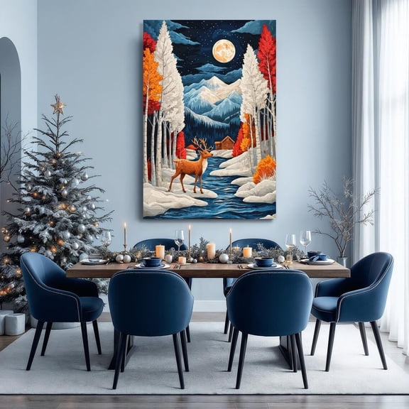 Moonlit Forest Landscape Wall Art Deer by Mountain Stream Print Rustic Cabin Wall Decor Winter Woods Poster Ready to Hang, Unframed Poster Size 12x18