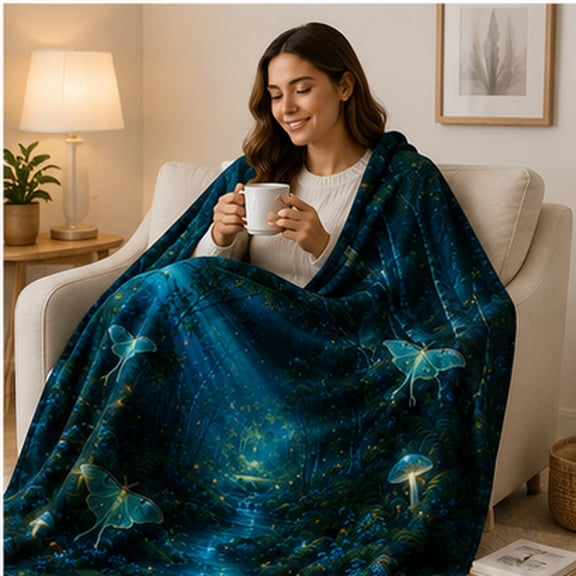 Moonlit Forest Luna Moth Throw Blanket, Enchanted Stream and Firefly Night Scene with Blue Woodland Glow for Sofa, Bed and Relaxing Evenings, 50 x 60 in