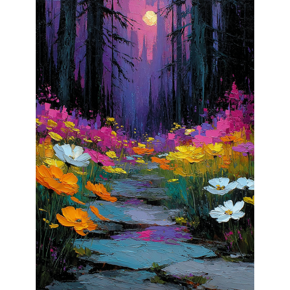 Moonlit Forest Meadow Canvas Art, Vibrant Wildflower Sunset Sky Textured Landscape Print, Nature Wall Decor