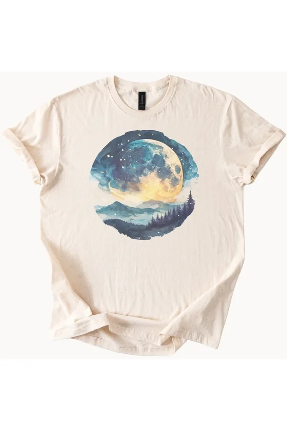 Moonlit Forest Mountains Graphic Tee Celestial Night Sky Unisex Shirt Unisex S-5XL Hot Trending Shirt, Vintage Birthday Gift