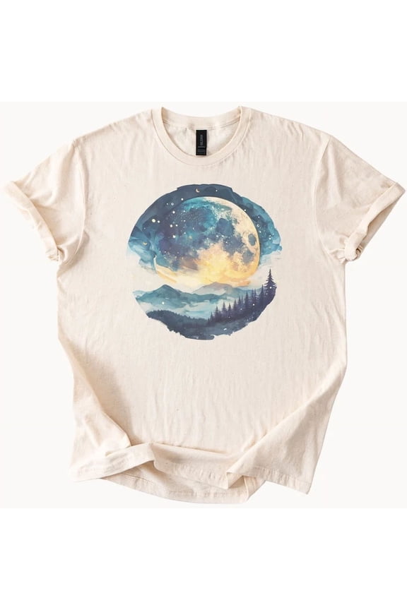 Moonlit Forest Mountains Graphic Tee Celestial Night Sky Unisex Shirt