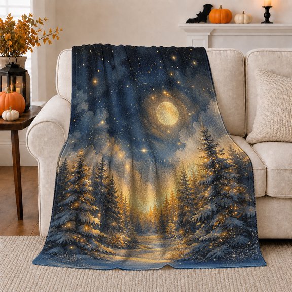 Moonlit Forest Path Glowing Moon Serene Landscape, Peaceful Woodland Scene, Warm Flannel Blanket for Cabin and Lodge, Celestial Art Lovers Housewarming Gift, Fantasy Home Decor