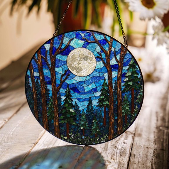 Moonlit Forest Scene Glass Suncatcher, Window Hanging, for Nature Lovers, 6.3 in