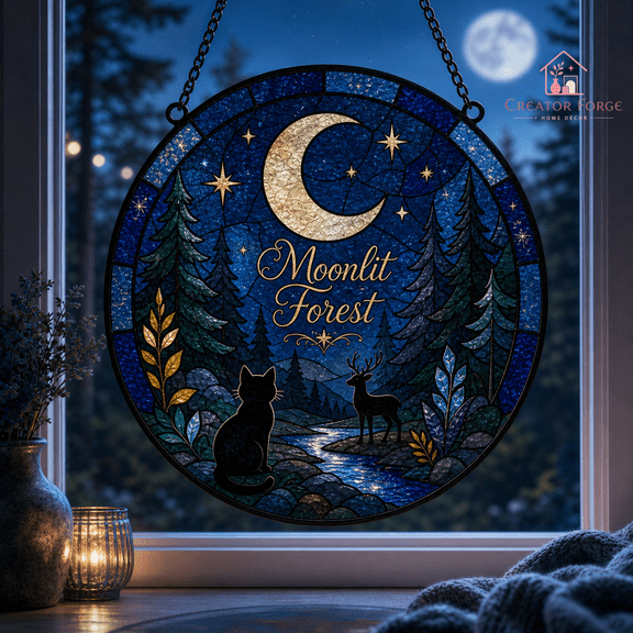 Moonlit Forest Stained Glass Suncatcher, Crescent Moon Window Hanging Gift