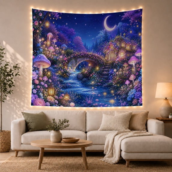 Moonlit Forest Stone with Arch Bridge Spans Cascading, Mystical Fantasy for Space Lovers, Galaxy Room Decor, Mother'S Day Gift, Tapestry Wall Hanging for Bedroom and Dorm