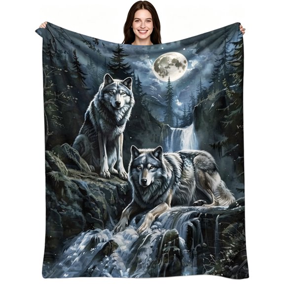 Moonlit Forest Waterfall Wolves, Soft Warm Flannel Fleece, Rustic Nature Wildlife, Throw Blanket, Cozy Warm, Home Decor, Bed Living Room Bedroom, Family Gift