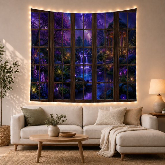 Moonlit Forest Window With Purple Waterfall, Mystical Fantasy Style for Nature Lovers, Enchanted Forest Decor, Housewarming Gift Tapestry Wall Hanging for Bedroom and Dorm