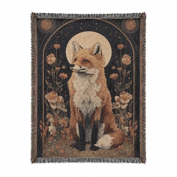 Moonlit Fox Floral Woven Throw Blanket, Cotton with Fringed Edges, Celestial Woodland Decor for Couch and Bed