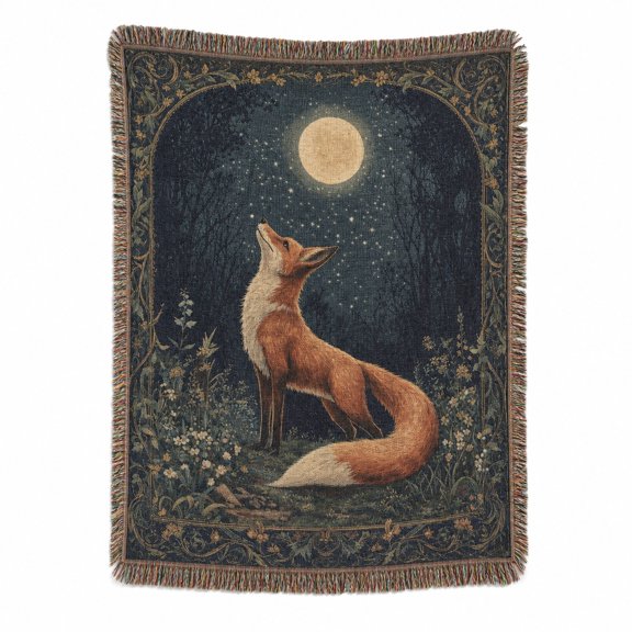Moonlit Fox Forest in Navy, Rust and Cream Woven Throw Blanket, Woven Cotton with Fringed Edges, Woodland Floral Style for Home Decor