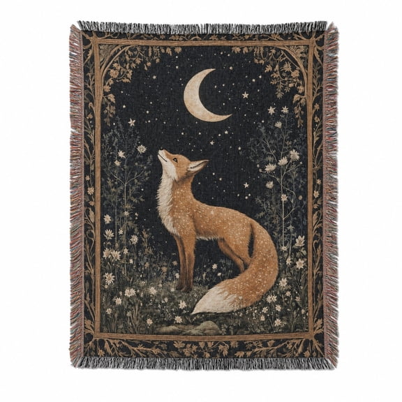 Moonlit Fox in Navy, Rust and Cream Woven Throw Blanket, Cotton with Fringed Edges, Vintage Woodland Style, Couch and Bed Home Decor