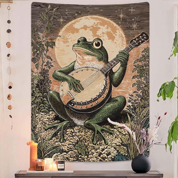 Moonlit Frog Banjo Wall Tapestry, Whimsical Folk Art Animal Fabric Wall Hanging Decor for Bedroom, Living Room, Dorm, 60 x 80 Inch