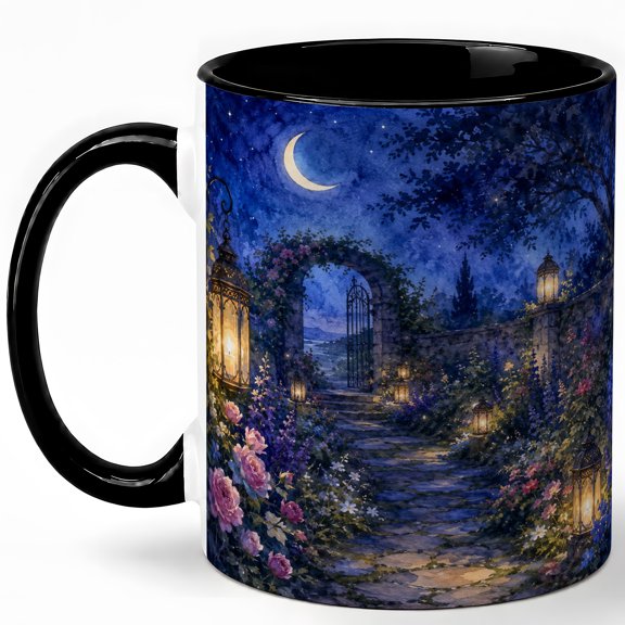 Moonlit Garden Lantern 11oz Ceramic Mug, Floral Night Path Watercolor Art