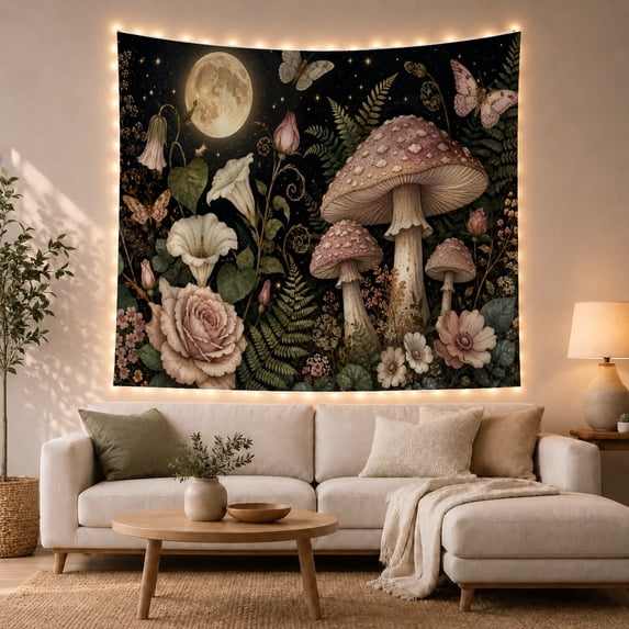 Moonlit Garden with Mushrooms, Roses and Butterflies, Mystical Fantasy for Nature Lovers, Botanical Wall Art, Housewarming Gift Tapestry Wall Hanging for Bedroom and Living Room